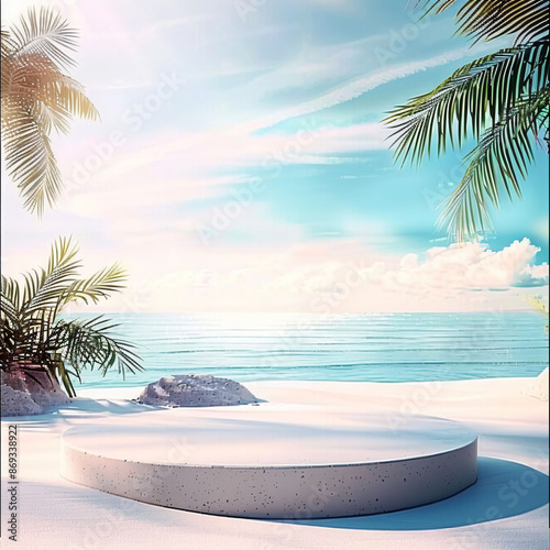 Abstract stone podium on tropical beach background. Perfect for product presentations.