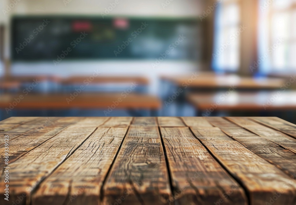 Wooden table top with blurred school classroom Wooden table top with blurred school classroom