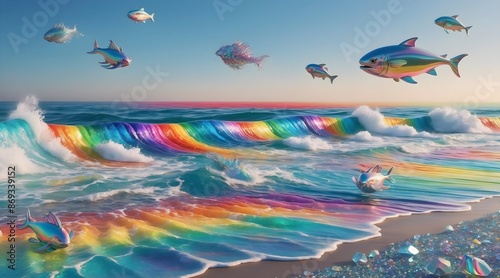 Fliegende und schwimmende Fische mit schillernden, regenbogenfarbenen Schuppen.