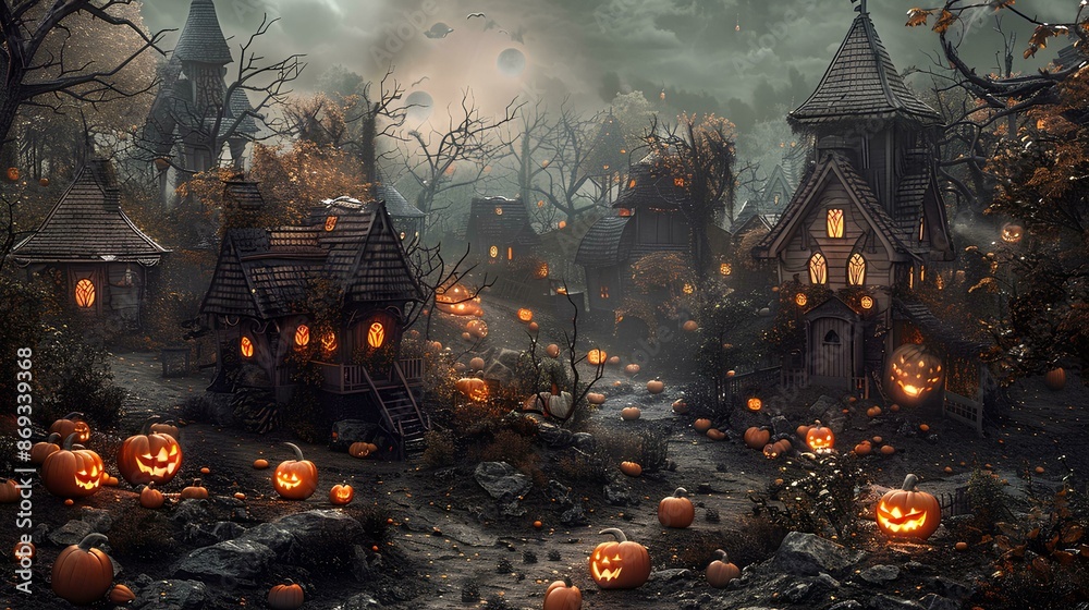 Naklejka premium Halloween theme background with pumpkins, old houses and foggy trees. Fantasy illustration for photo wallpaper or backdrop, wall art design. Halloween decorations