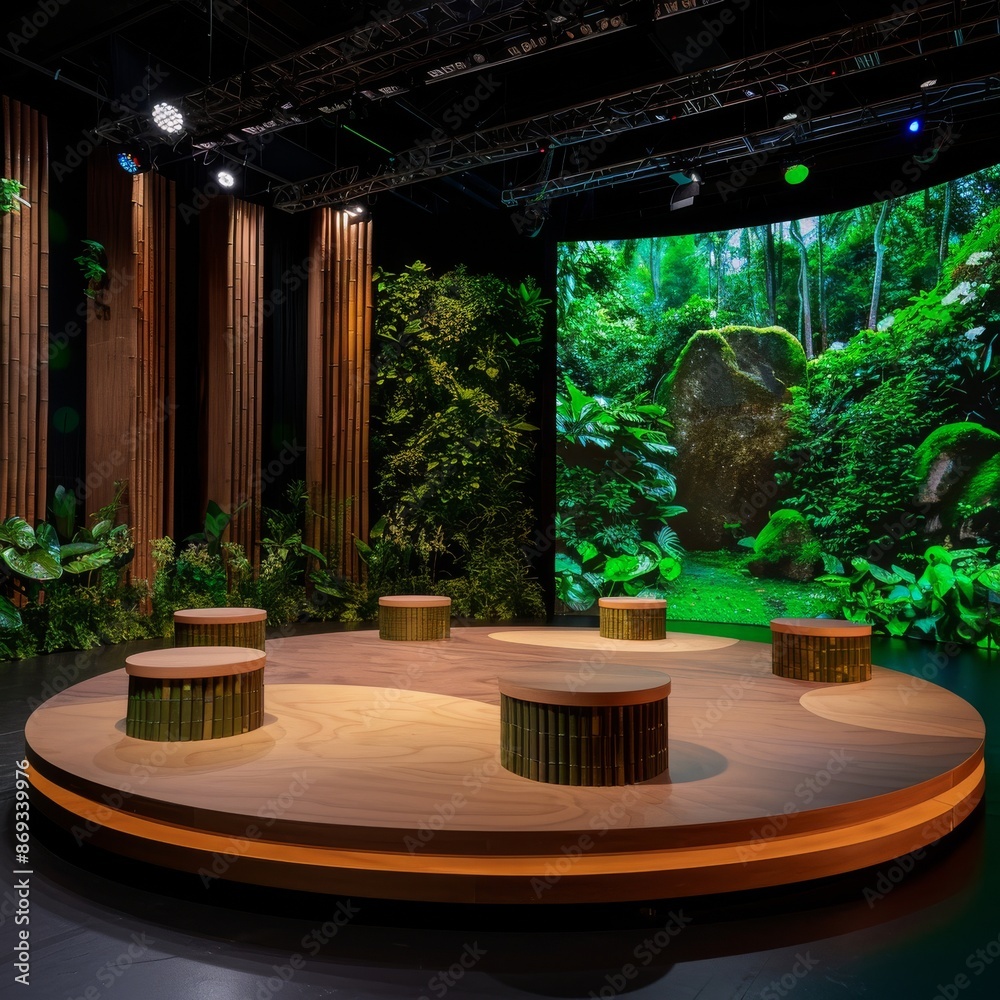 Fototapeta premium Eco-friendly game show stage: bamboo podium, minimalist seating, nature graphics on LED screen. Sustainable game show set featuring minimalist stools and green foliage on LED screen.