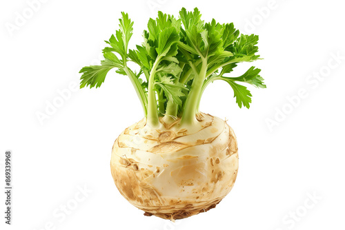 Fresh celery root with green leaves isolated on a white background.