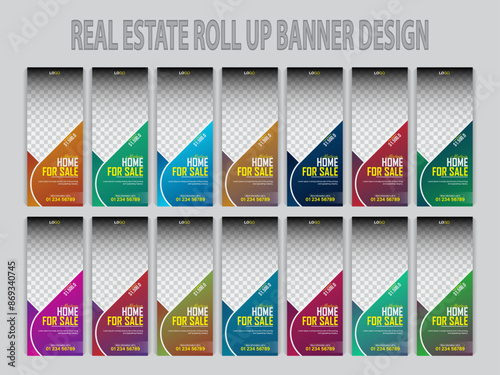 Real estate roll up banner bundle set, gradient colorful roll up ads banner template 14 color variation.