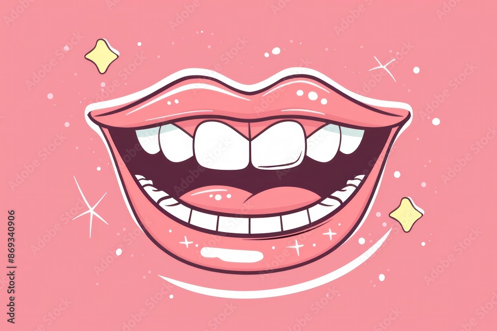 Sparkling mouth with teeth on pink background with stars and sparkles illustration for dental, beauty, and fashion themes Sparkling mouth with teeth on pink background with stars and sparkles illustration for dental, beauty, and fashion themes