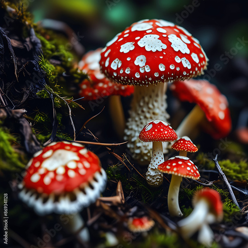 Fly Agaric mushroom (Amanita muscaria), showing its characteristic red cap with white spots, close up, black background 4K wallpaper