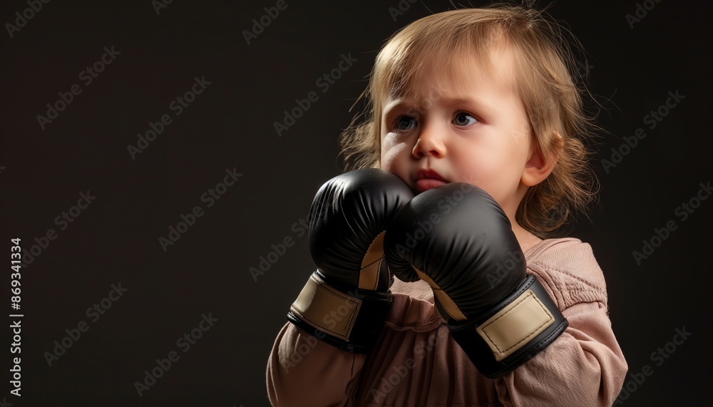 A little girl wearing black boxing gloves looks apprehensive, showcasing a tender juxtaposition of vulnerability and readiness to confront challenges, creating a touching and evocative image. A little girl wearing black boxing gloves looks apprehensive, showcasing a tender juxtaposition of vulnerability and readiness to confront challenges, creating a touching and evocative image.