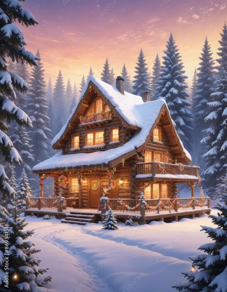 a festive Christmas abstract landscape background with snow-covered pine trees, twinkling holiday lights, and a cozy, warmly lit cabin in the distance a festive Christmas abstract landscape background with snow-covered pine trees, twinkling holiday lights, and a cozy, warmly lit cabin in the distance