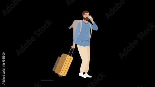 Traveler Walking with Luggage and Talking on Phone at Airport