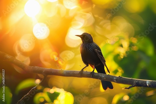 A beautiful starling sitting on a branch in the sun. photo