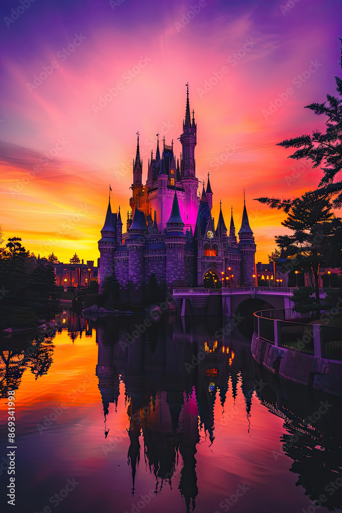 Towering spires and turrets of an enchanted castle silhouetted against a vibrant purple and orange dusk sky, with a moat reflecting the scene and soft lights glowing from within.