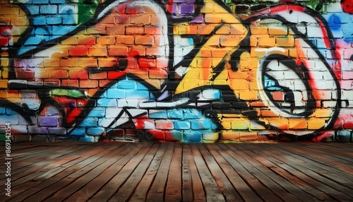 Weathered brick wall with graffiti.