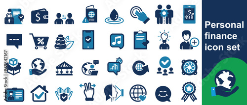 Personal finance icon set. Containing budget, savings, expense, income, tax, loan, statement, financial management, mortgage and more.