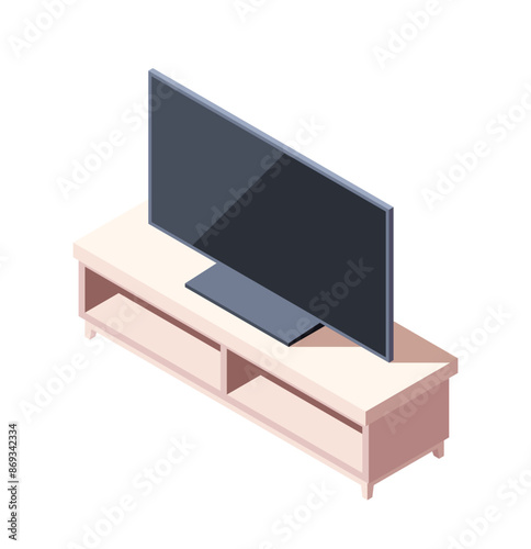 Home furniture isometric icon. Stylish wooden TV stand with shelves for storage. Interior design element of living room in apartment. Cartoon 3D vector illustration isolated on white background