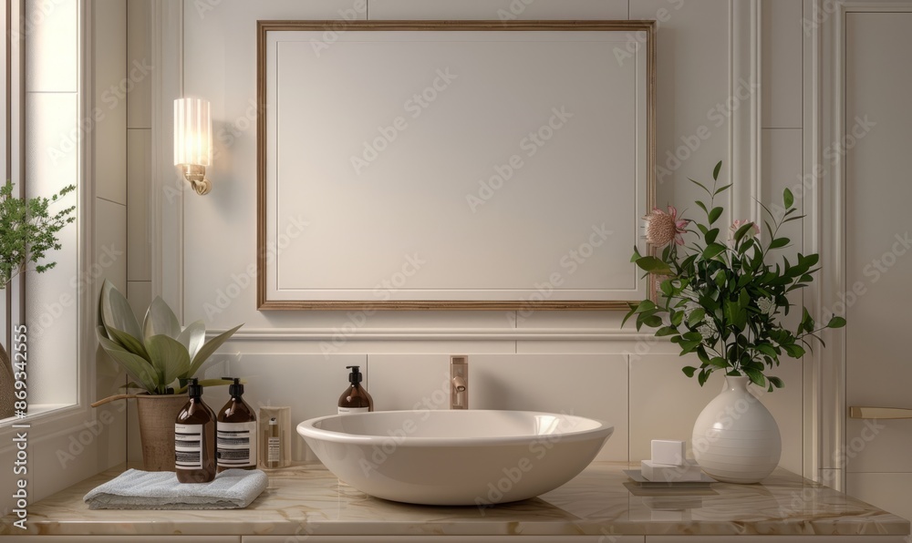 Elegant bathroom with a blank frame above the vanity Elegant bathroom with a blank frame above the vanity