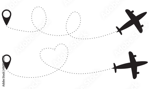 Aeroplane flight path vector, airplane route illustration isolated on white or transparent background