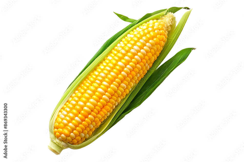 Fresh yellow corn with green leaves isolated on a white background. Fresh yellow corn with green leaves isolated on a white background.