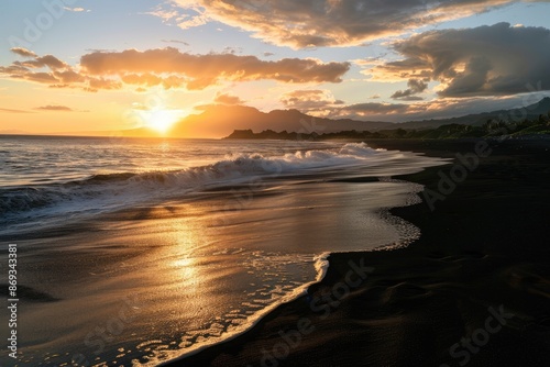 Golden Glow at Volcanic Black Sand Beach at Sunset, Vibrant Sunset on a Volcanic Black Sand Beach