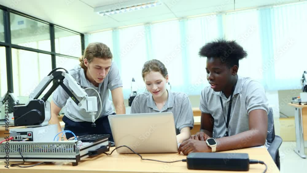 Group male and female robotics engineering students congratulate each other after discovering information laptop classroom with modern teaching equipment including robot that moves on a table. Group male and female robotics engineering students congratulate each other after discovering information laptop classroom with modern teaching equipment including robot that moves on a table.