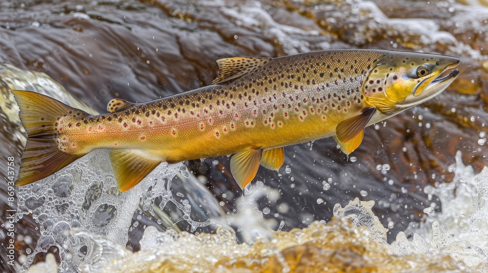 Close up of energetic salmon leaping high with swirling water splashes in a dynamic jump Close up of energetic salmon leaping high with swirling water splashes in a dynamic jump