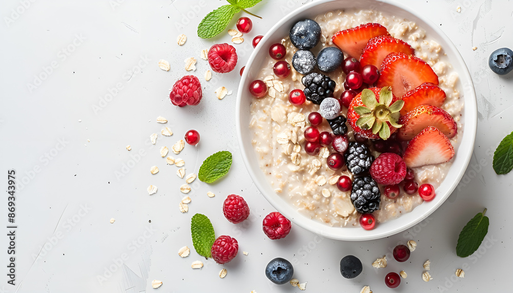 Bowl of oatmeal with berries and fruits on white background Bowl of oatmeal with berries and fruits on white background