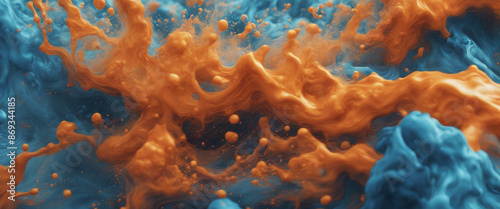 Spectacular image of blue and orange liquid ink churning together with a realistic texture and great photo
