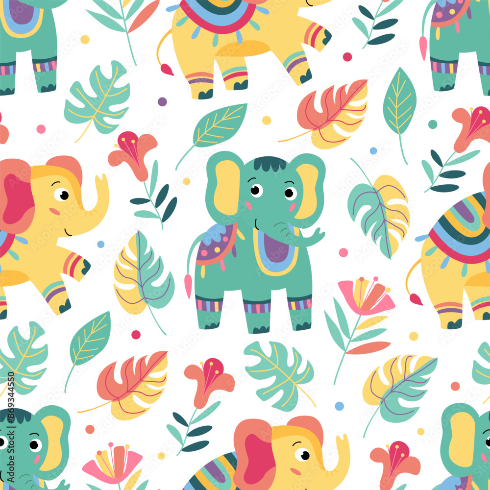 Seamless pattern with funny colorful baby elephants and flowers on white. Great for fabrics, wrapping papers, wallpapers, covers. Vector illustration in hand drawn flat style Seamless pattern with funny colorful baby elephants and flowers on white. Great for fabrics, wrapping papers, wallpapers, covers. Vector illustration in hand drawn flat style