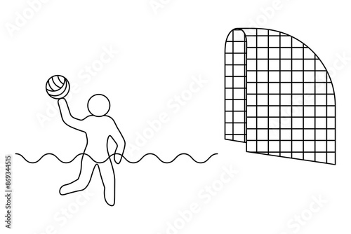 Water polo. An athlete aims the ball at the goal, preparing to score a goal. Sketch. Vector icon. A man plays a team sports game on the water. Isolated white background. Coloring book for children. 