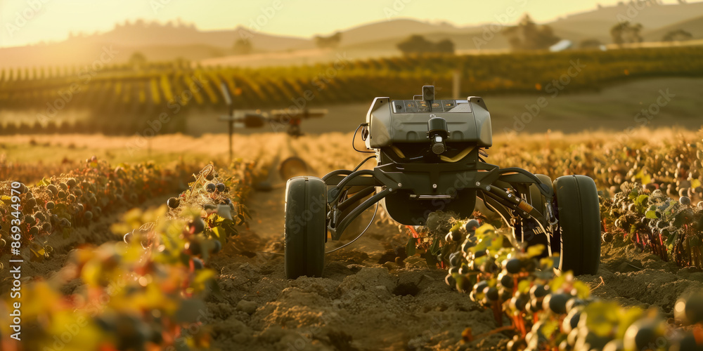 Agricultural robot tending to crops in a scenic field at sunset Agricultural robot tending to crops in a scenic field at sunset