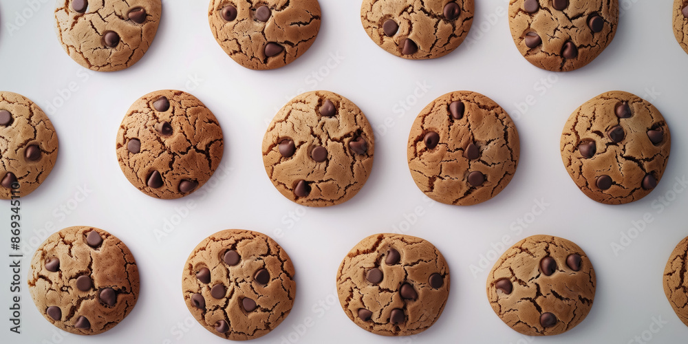 Freshly baked chocolate chip cookies arranged in neat rows Freshly baked chocolate chip cookies arranged in neat rows