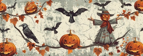Vintage Halloween pattern with traditional pumpkins, scarecrows, and crows on a weathered background