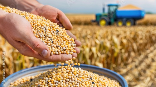 A farmers hand holds a handful of harvested soybeans, with a large pile of soybeans in the background