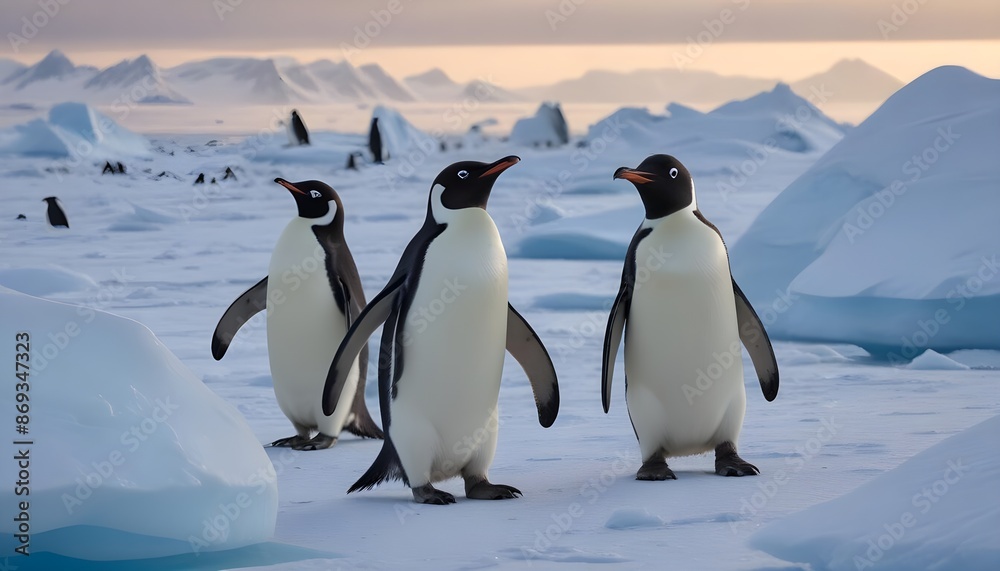 Fototapeta premium In icy Antarctica penguins dance and thrive, defying the harshness of their environment with their resilient spirits 