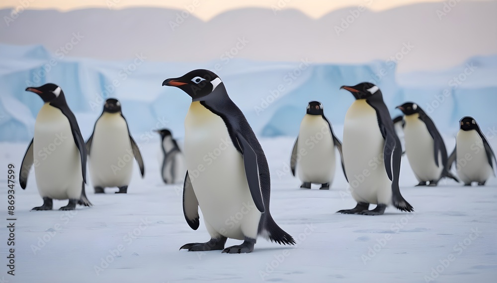 Fototapeta premium In icy Antarctica penguins dance and thrive, defying the harshness of their environment with their resilient spirits 