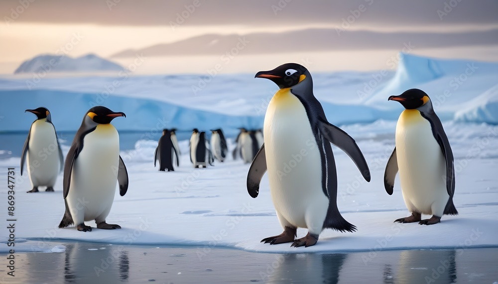 Fototapeta premium In icy Antarctica penguins dance and thrive, defying the harshness of their environment with their resilient spirits 