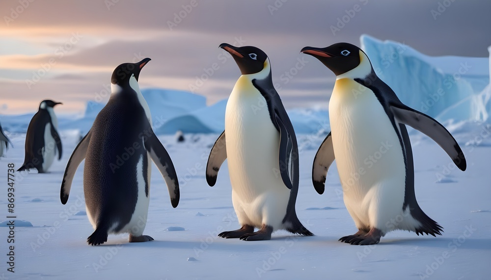 Fototapeta premium In icy Antarctica penguins dance and thrive, defying the harshness of their environment with their resilient spirits 