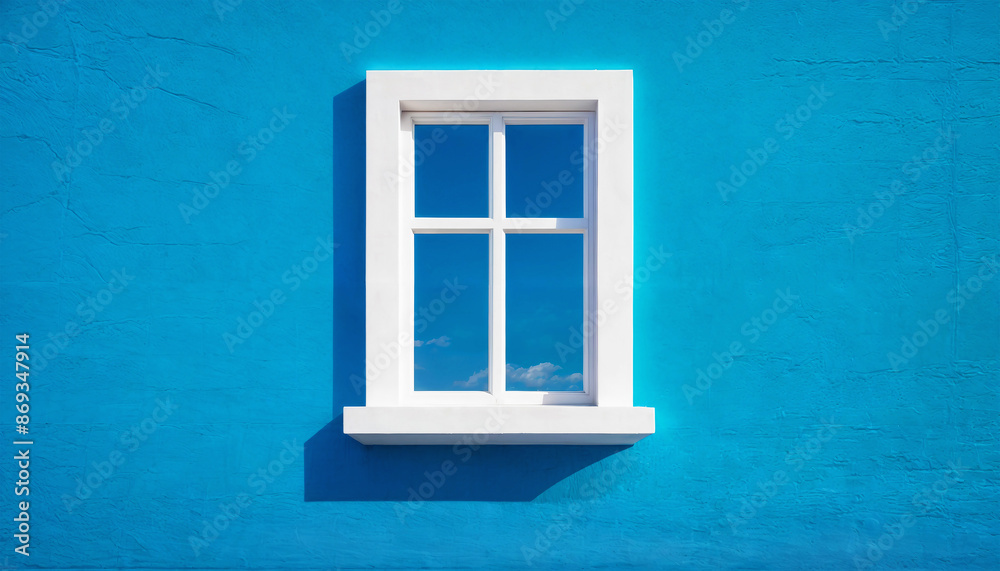 Obraz premium White window. White window on a blank blue wall. Window on the facade of the building