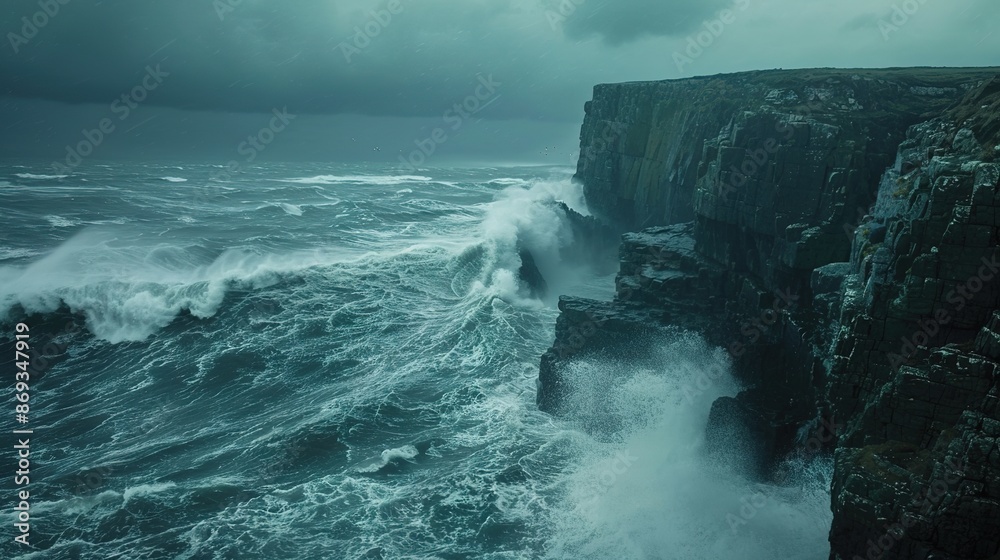 Dramatic Cliffside View Overlooking Turbulent Ocean During Storm, Nature's Fury Captured