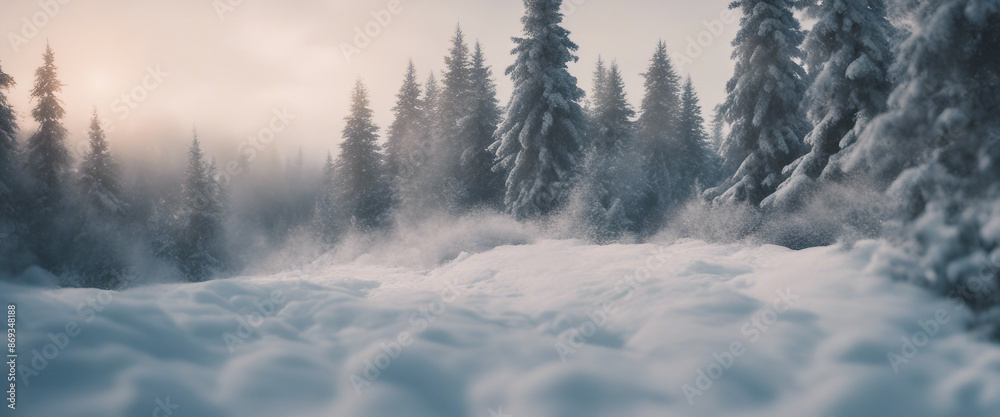Winter landscape with snow and fir trees as vintage christmas wallpaper