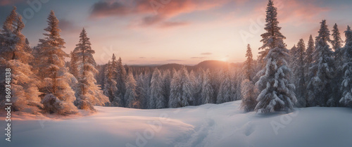 Winter landscape wallpaper with pine forest blank covered with snow and scenic sky at sunset Snowy f
