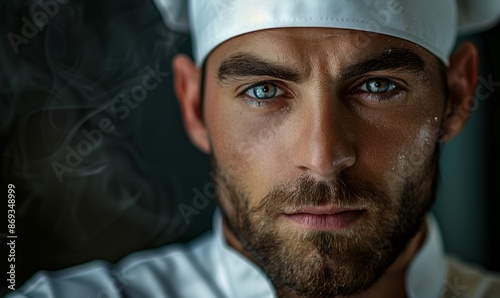 Man with a chef's hat, looking concentrated photo