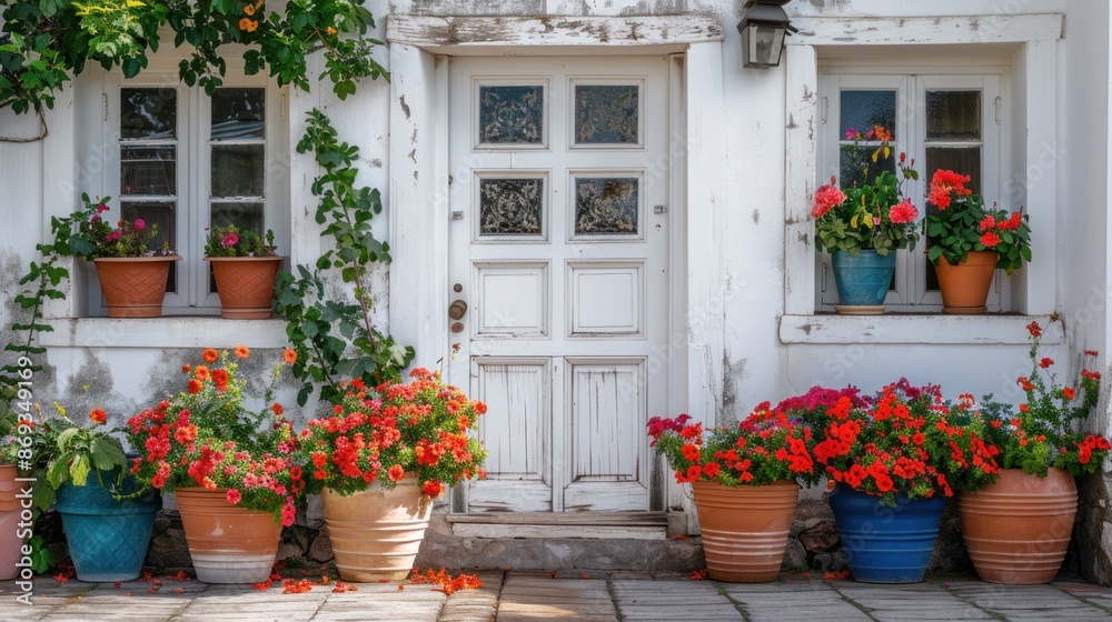 Elegant entrance featuring a white front door with square windows and colorful flower pots. Elegant entrance featuring a white front door with square windows and colorful flower pots.