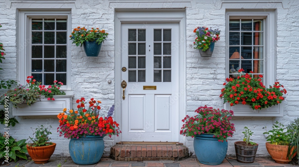 Elegant entrance featuring a white front door with square windows and colorful flower pots. Elegant entrance featuring a white front door with square windows and colorful flower pots.