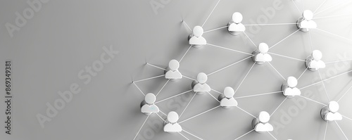 White Figures Connected by Strings on a Grey Background