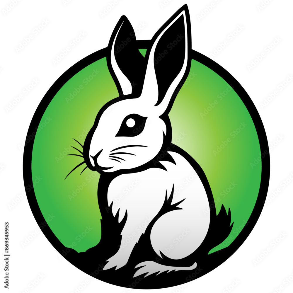 Obraz premium White rabbit logo style in a green circle, white bunny in a green circle