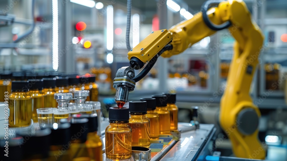 Industrial robot arm in factory placing bottle caps in automated assembly line. Advanced manufacturing technology, production efficiency. Industrial robot arm in factory placing bottle caps in automated assembly line. Advanced manufacturing technology, production efficiency.