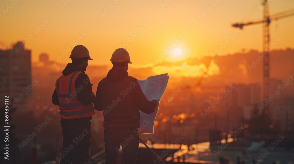 Obraz premium Engineers in silhouette, analyzing blueprints in the soft glow of sunset through hazy construction sites.