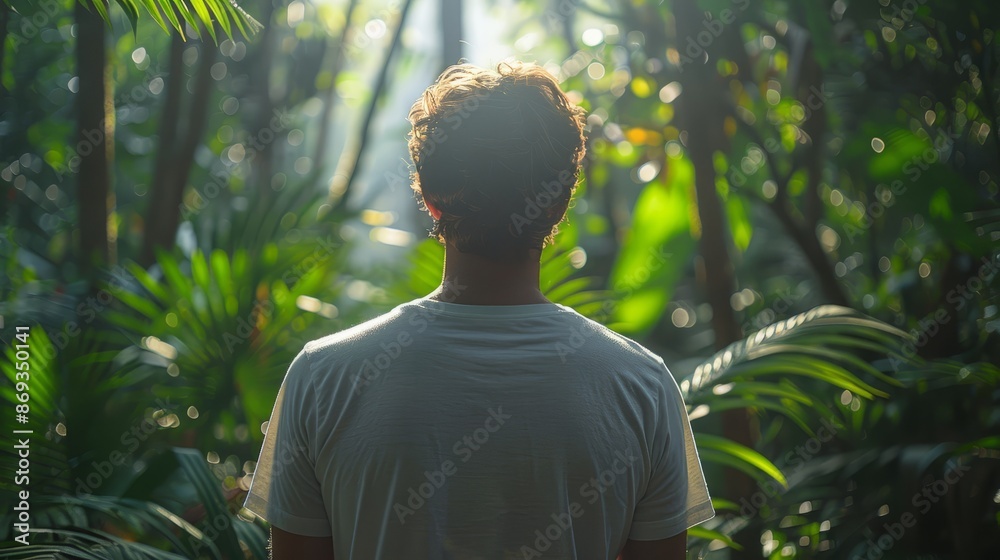 Serene Man in Black T-Shirt Stands in Vibrant Tropical Forest - High Quality Outdoor Mockup with Volumetric Sony Alpha 1 Lighting Serene Man in Black T-Shirt Stands in Vibrant Tropical Forest - High Quality Outdoor Mockup with Volumetric Sony Alpha 1 Lighting