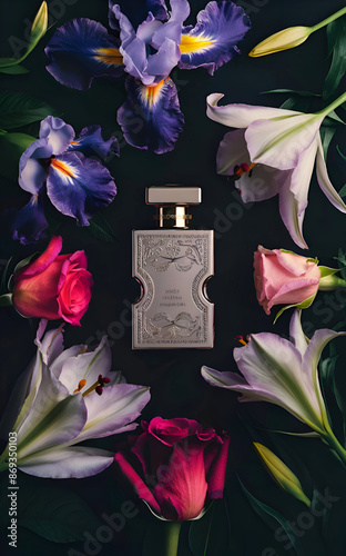  beautiful design background  with perfume bottle and flowers at black background for branding and marketing. flat lay. Ai generated.