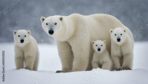A mother polar bear and three cubs, all white with fur matching heavy snowfall, stand together on snow in the Arctic. They pose amidst beautiful yet harsh conditions for a unique photo. © Marlon