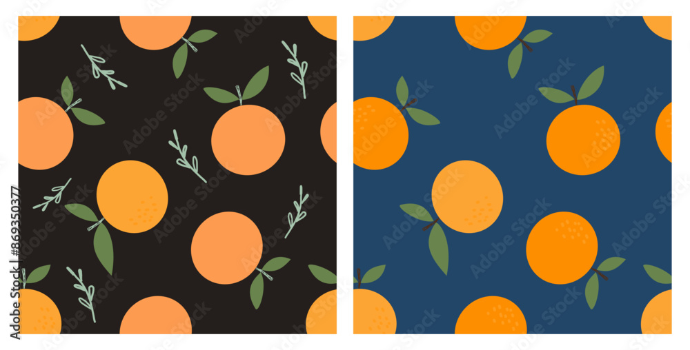 Seamless pattern with orange fruit and green leaves on black and blue backgrounds vector. 